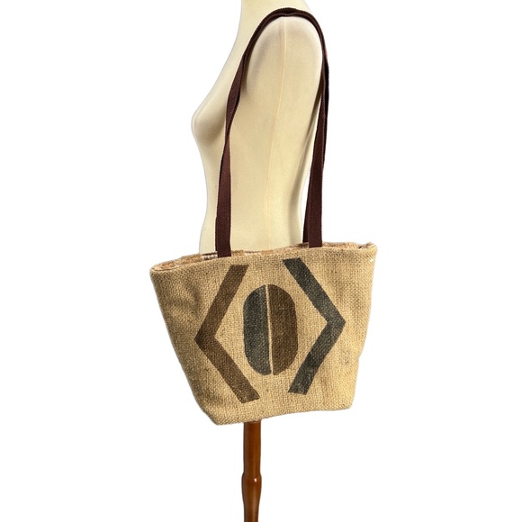 Handbags - Helen Troy Bag‎ Brown Straps Jute Printed Logo Coffee Bean Tote Style
